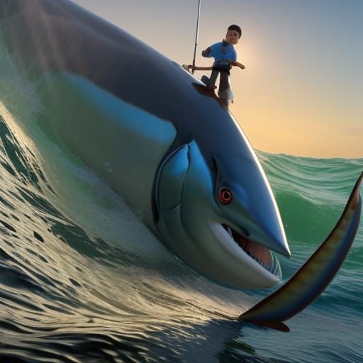 Boy's Epic Marlin Battle at Sea: 3D Digital Art