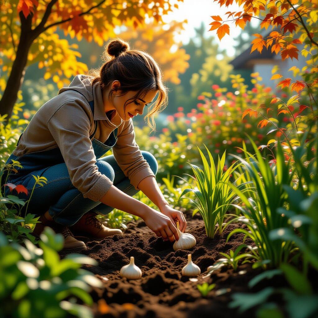 Autumn Garden Garlic Planting with Dynamic Lighting