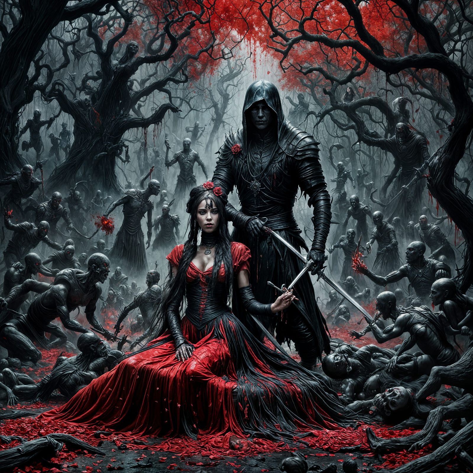Eerie Forest Scene: Woman with Sword and Severed Head