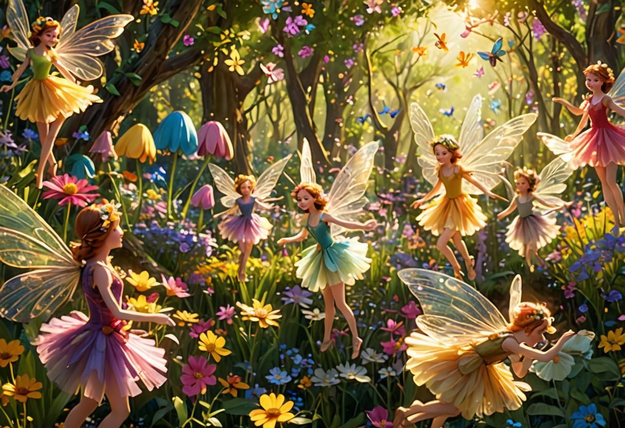 Faeries Dancing in Flower Forest: Vintage 3D Digital Art
