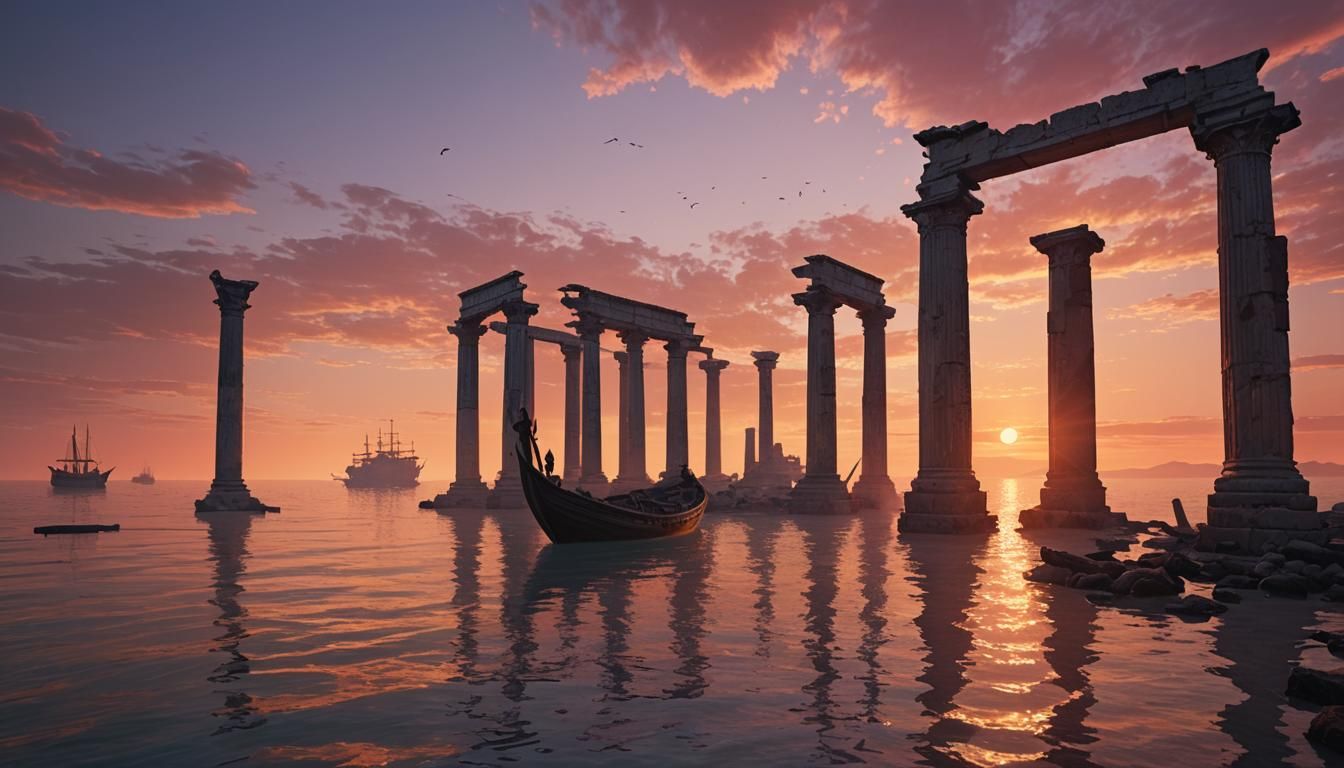 Mediterranean Sunset with Ancient Ruins in Fantasy Art
