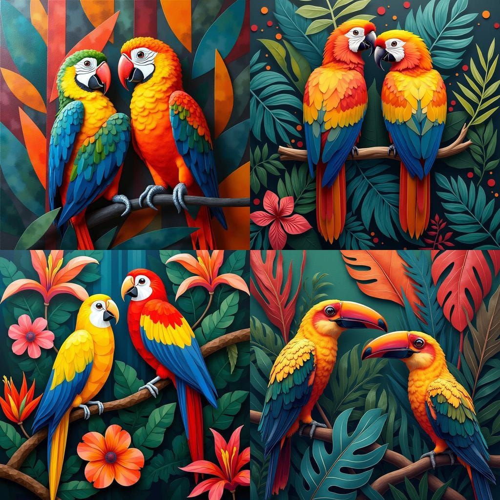 Vibrant Tropical Birds in Neo-Cubist Art Deco Style