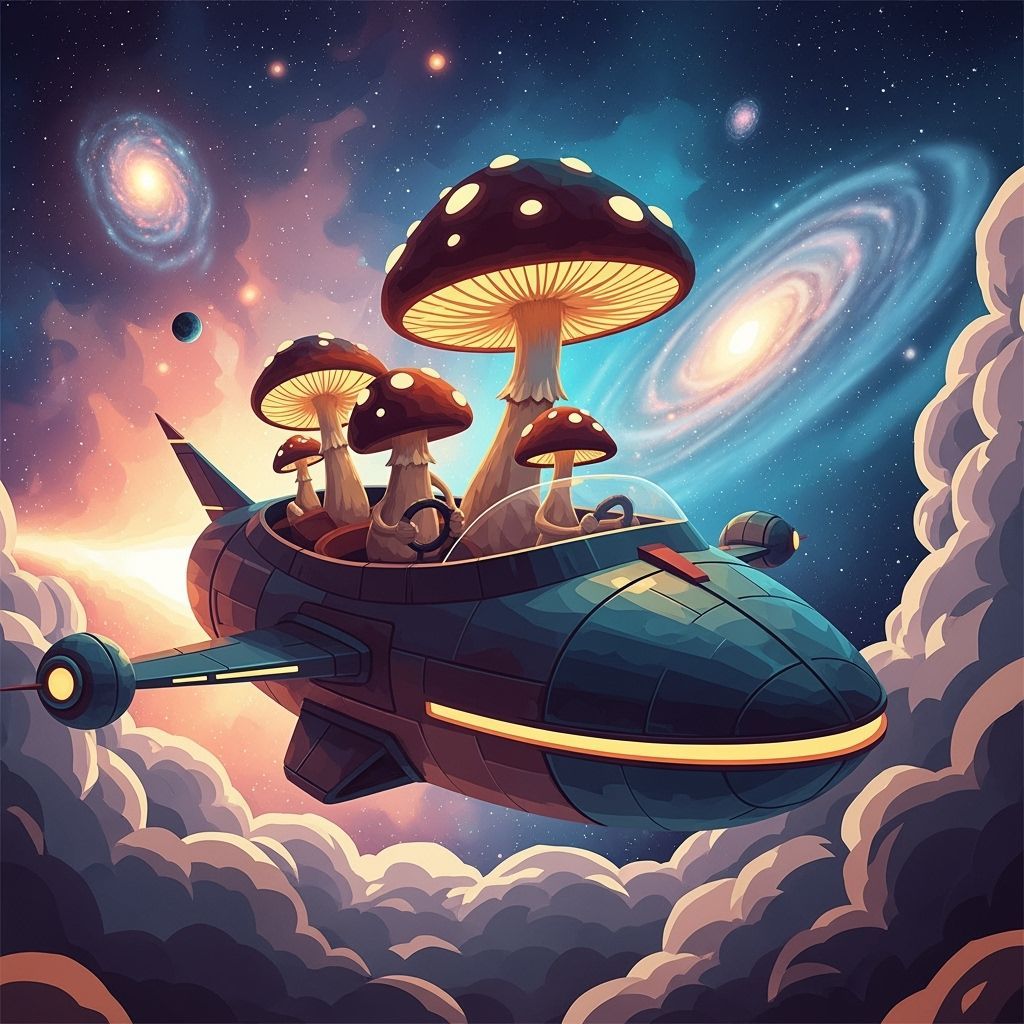 Sentient Mushrooms Pilot Spaceship Through Cosmic Nebula