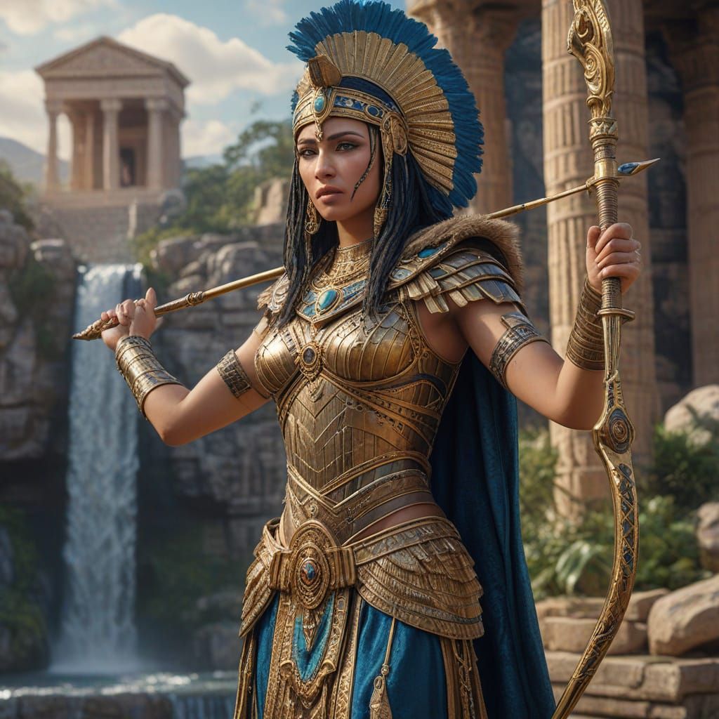 Amazonian Warrior Queen Cleopatra with Bow and Greek Temple