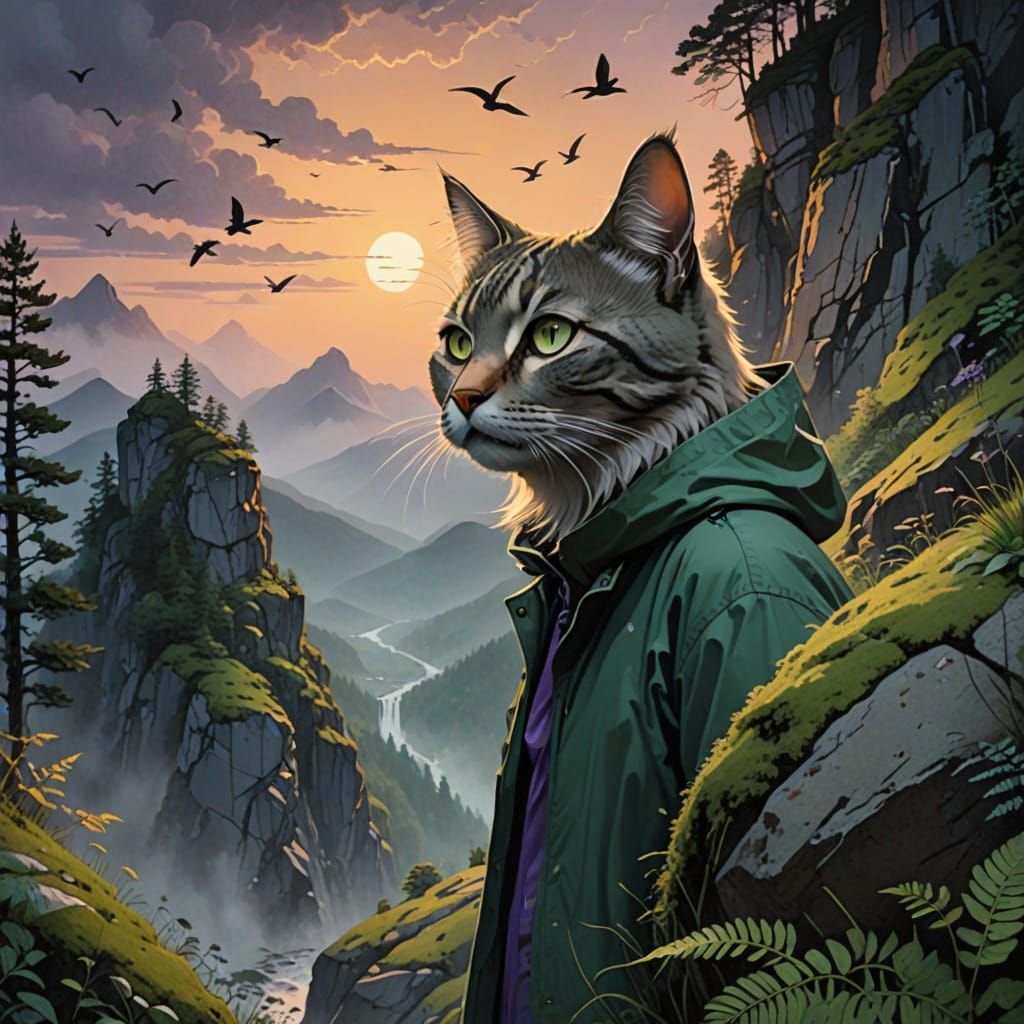 Cat Mountain Landscape with Waterfall and Hiker