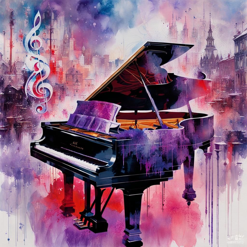 Icy Piano and Musical Notes in Double Exposure