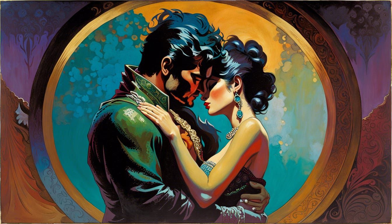 Passionate Lovers Kiss in Contemporary Jewel-Toned Painting