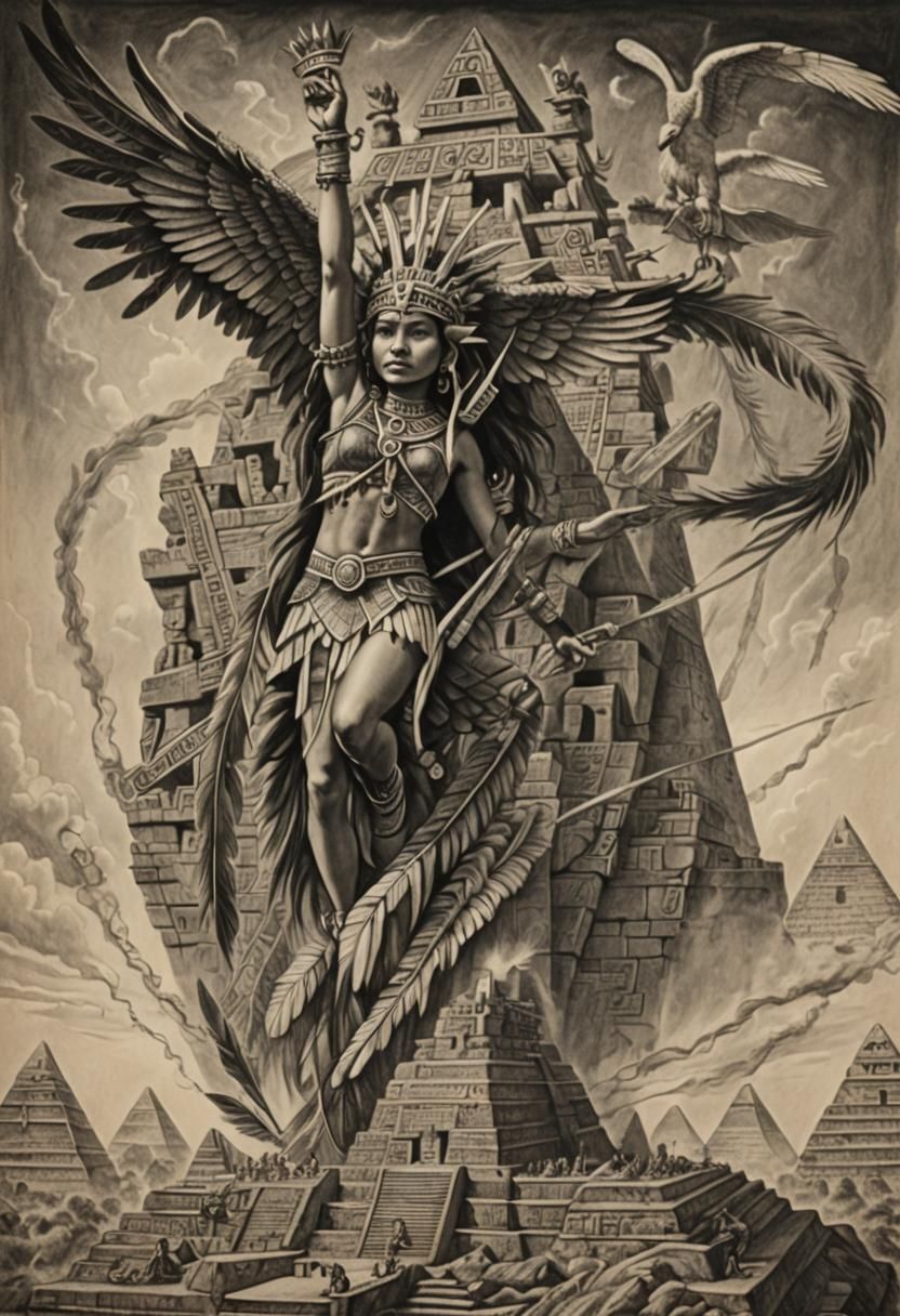 Quetzacoatl Roaring Above Pyramid: Charcoal Drawing