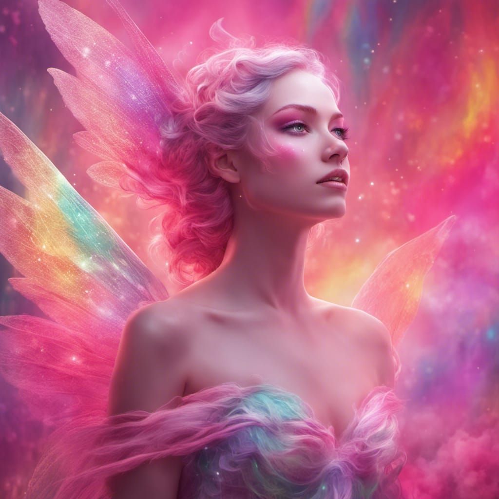 Beautiful Pink Fairy Woman in a Rainbow Atmosphere