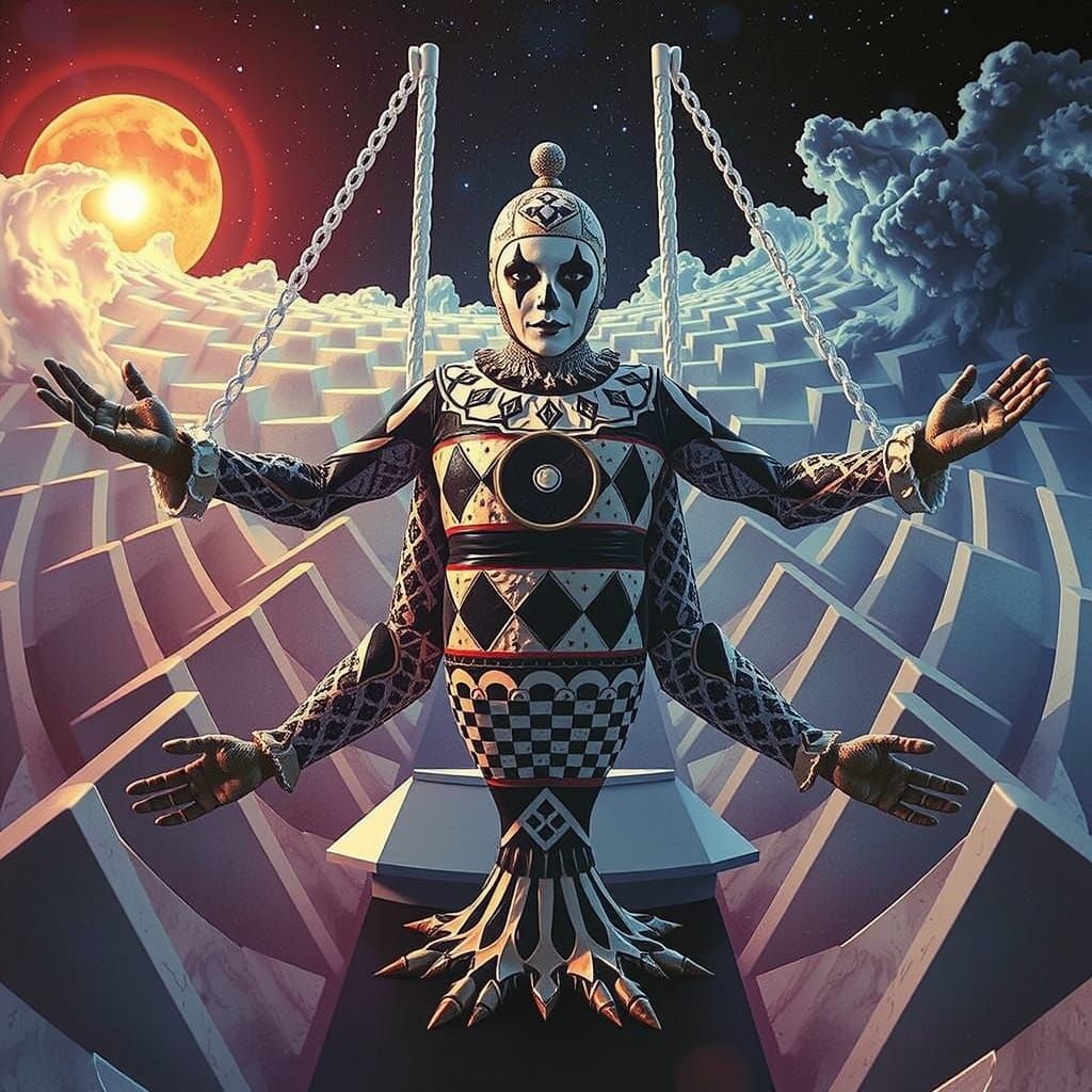 Harlequin Figure in Hypnotic Geometric Maze