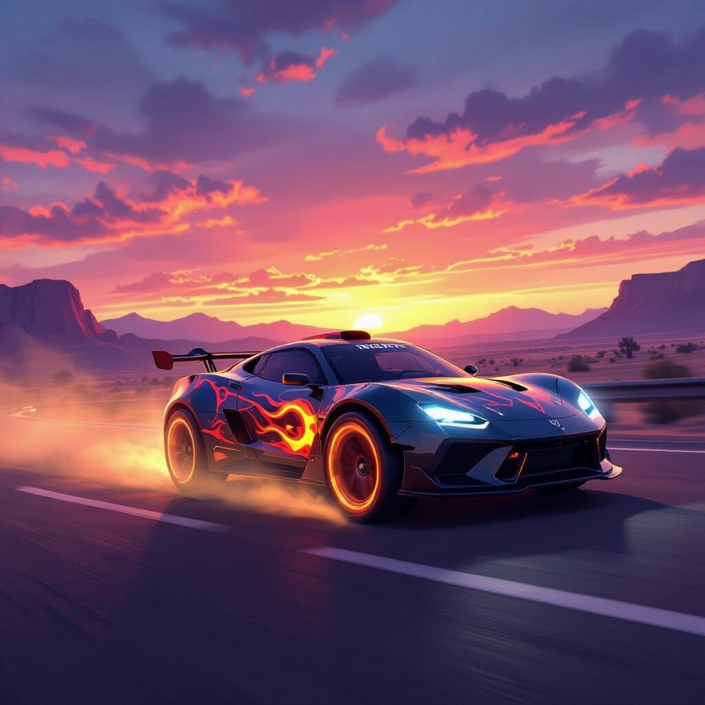 Rocket League Car Drives on Desert Highway at Sunset