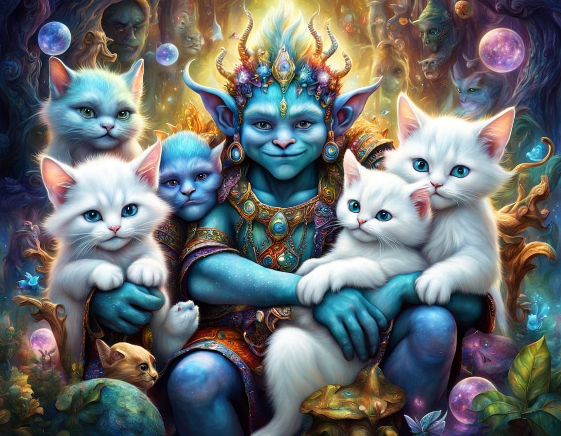 Mythical Nordic Troll Holds White Kittens in Enchanted Fores...