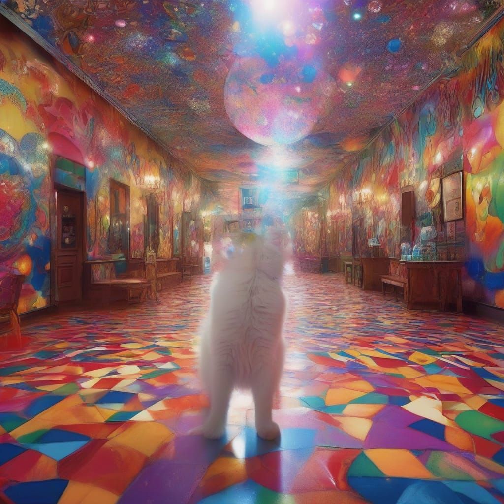 Surreal Disco Scene with Cat Dancing Under Glittering Lights