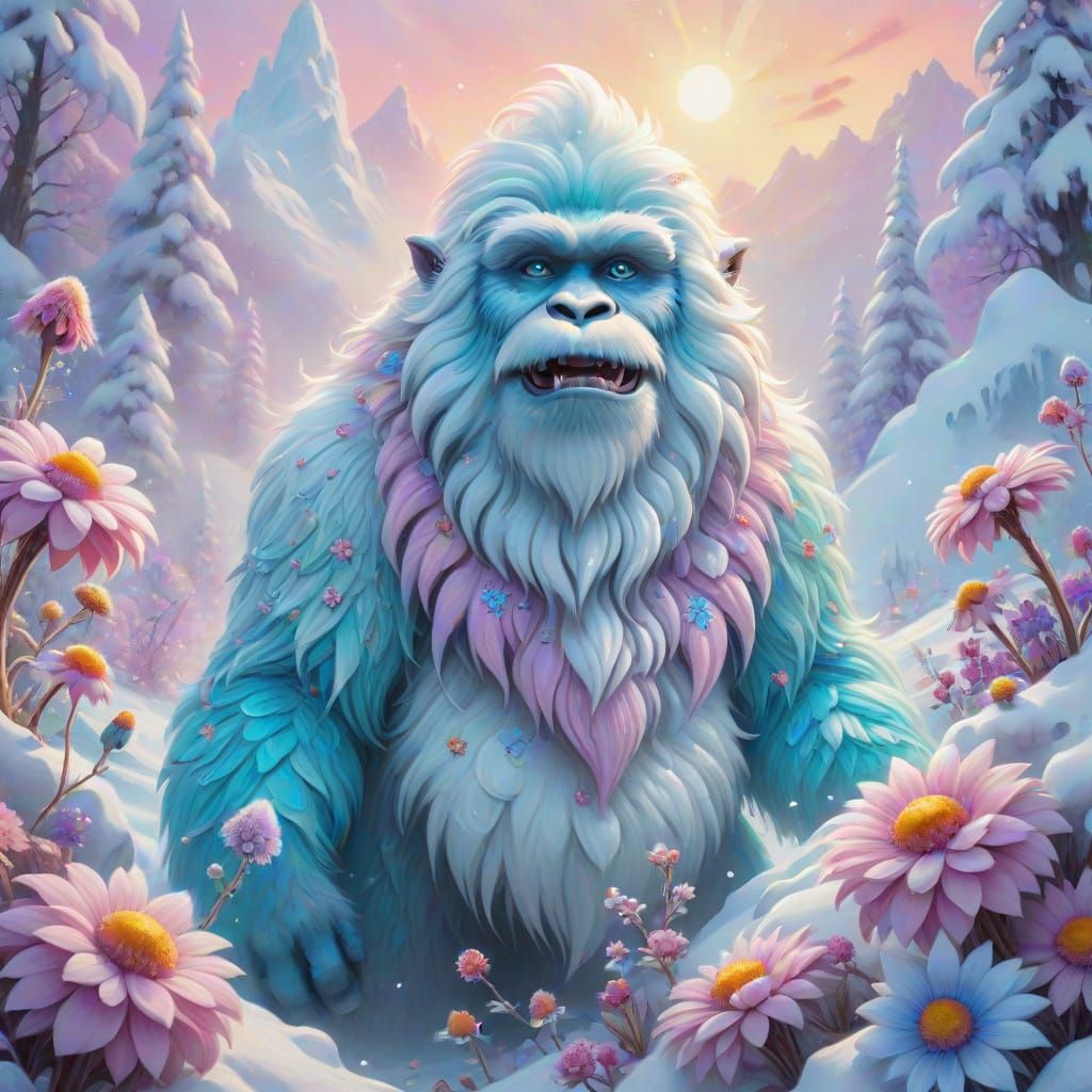 Yeti in Secret Flower Garden: Oil Painting