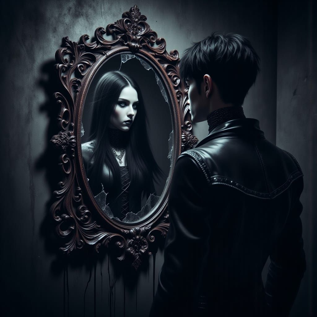 Gothic Youth Sees Ghostly Reflection in Shattered Mirror