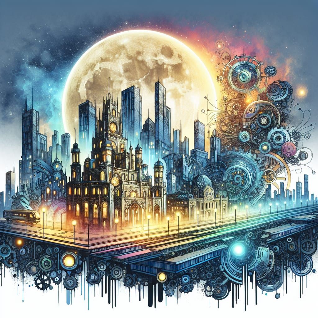 Steampunk Metropolis Under Moonlight, Moving Castle