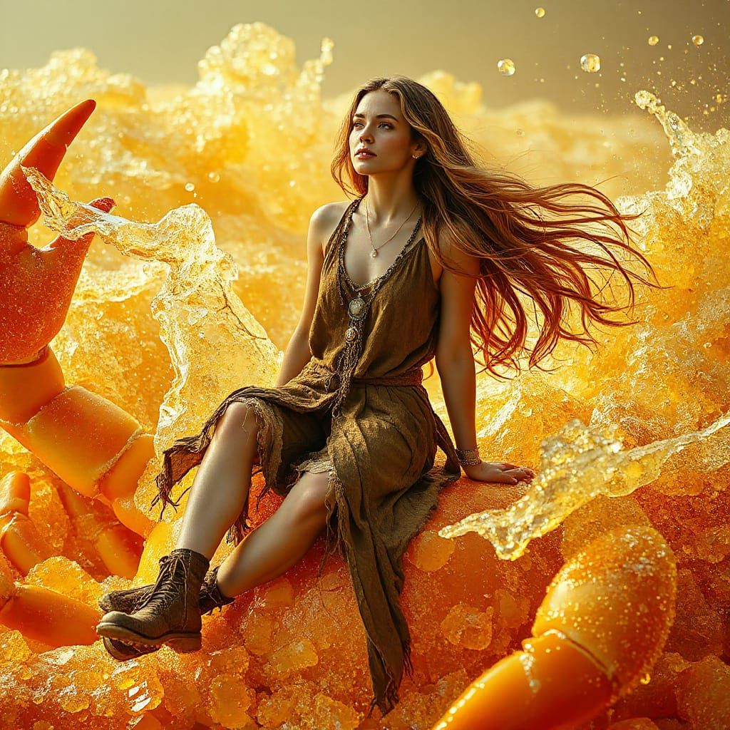 Woman on Gummy Crab in Effervescent Soda Sea