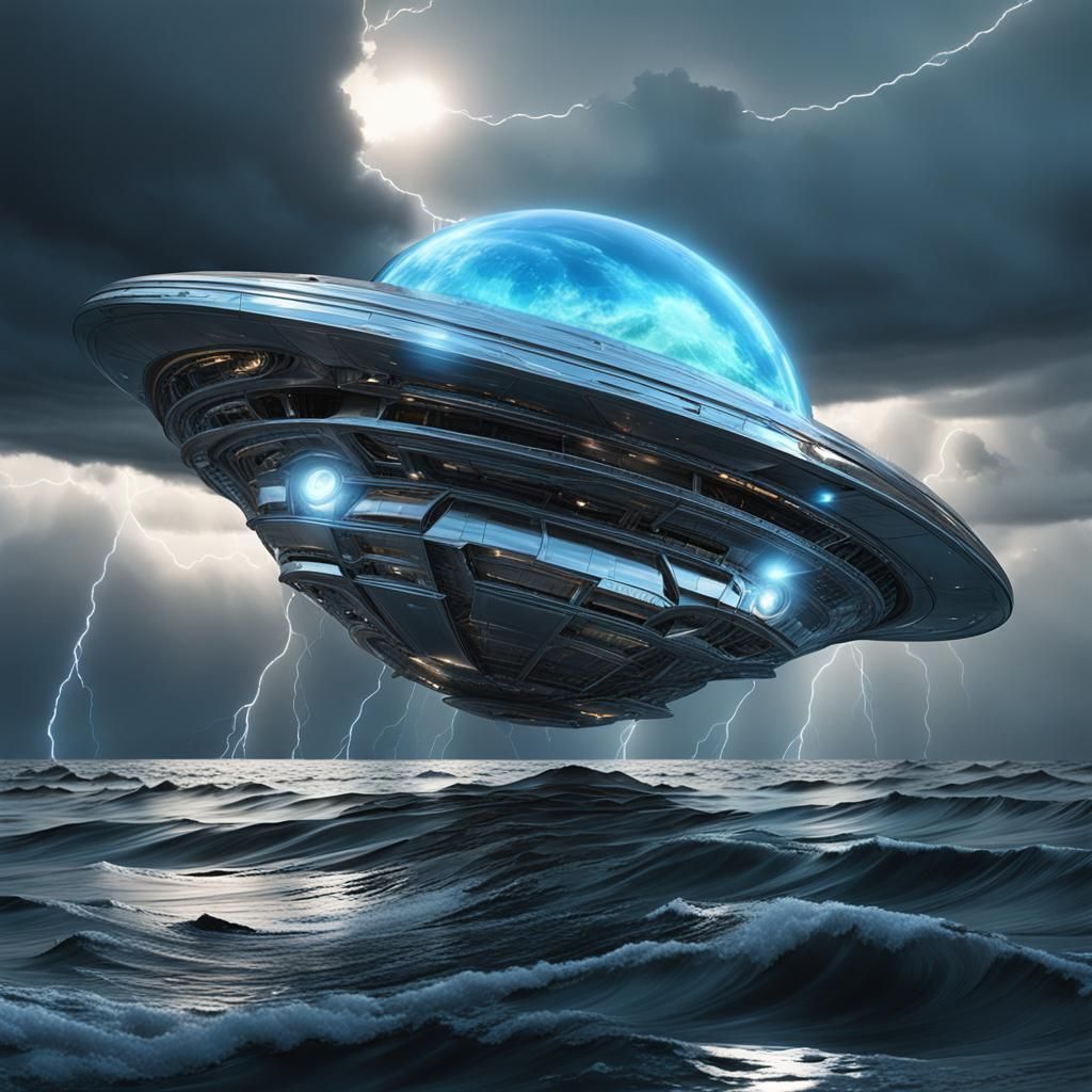 Reflective Alien Spacecraft Orb Over Stormy Sea