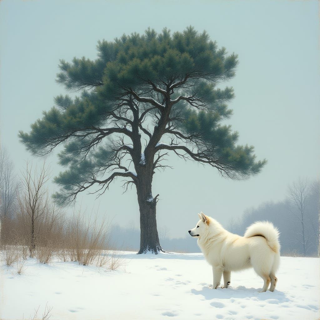 Majestic White Akita in Snowy Vojvodina Village