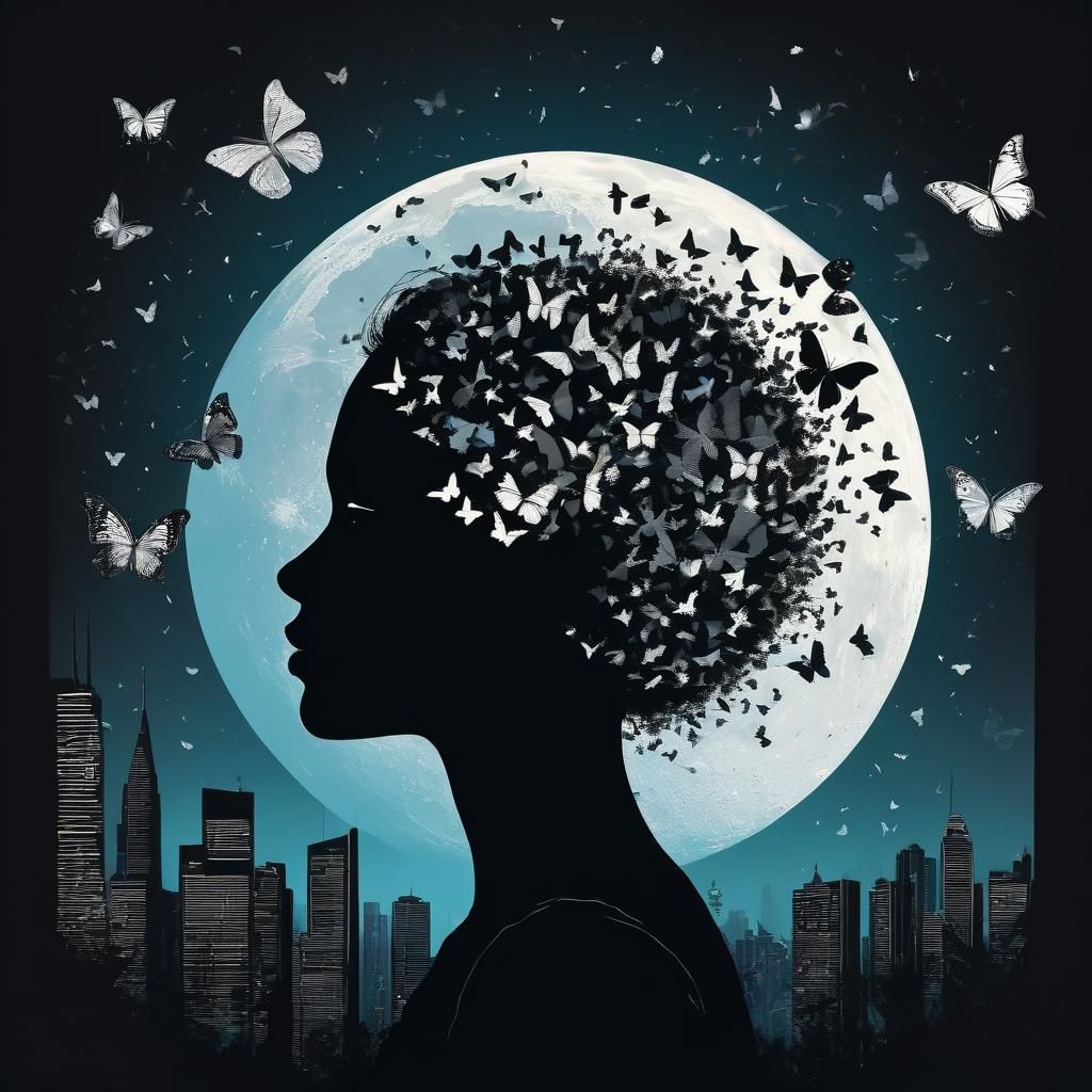 Monochrome Profile with Butterflies, Moon, and Cityscape