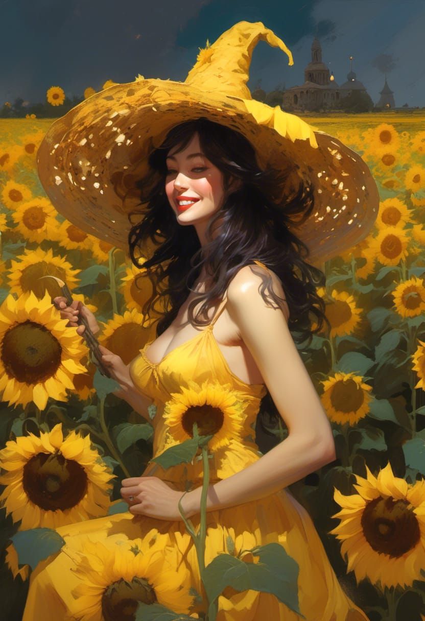 Joyful Witch in Sunflower Field, Dark Fantasy Art