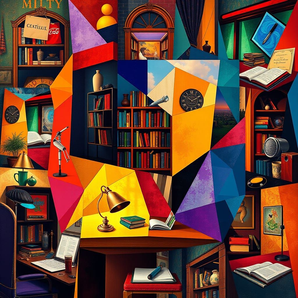 Energetic Neo-Cubist Collage of Storytelling Elements