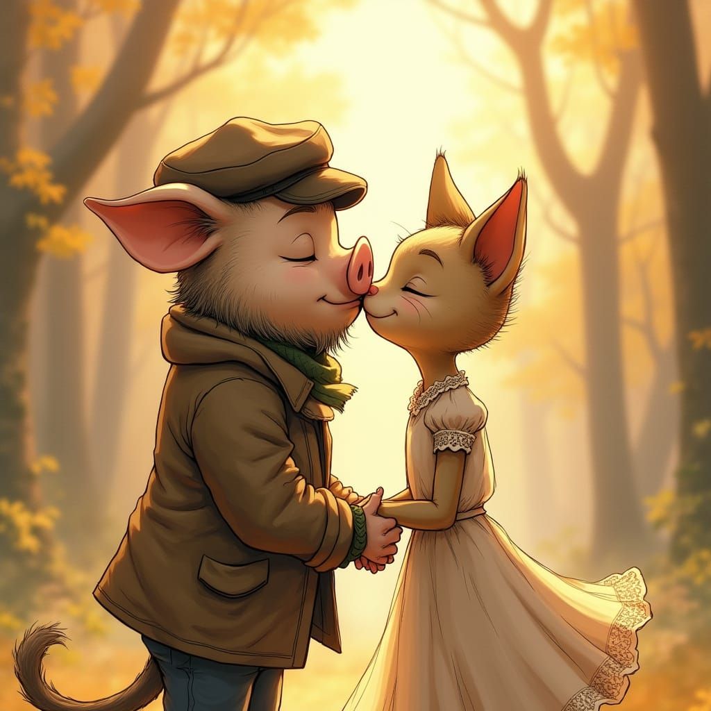 Whimsical Moment of Intimacy Between a Gentle Pig and a Love...