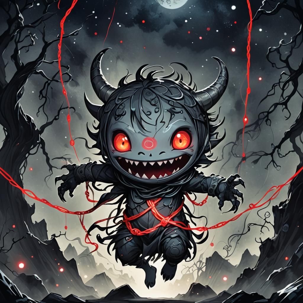 Creepy Smiling Chibi Monster in Dark Fantasy Anime Style