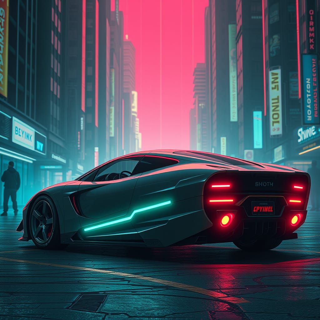Retro-Futuristic Vehicle in Dystopian Cityscape