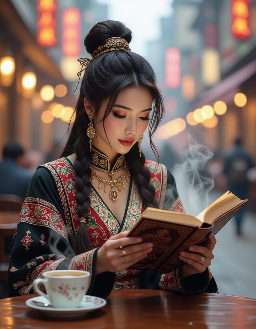 Hmong Woman Studies Grimoire in City Cafe