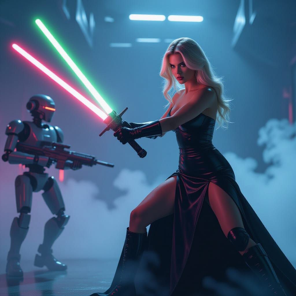 Woman Jedi Warrior in Combat with Droid, Neon Accents