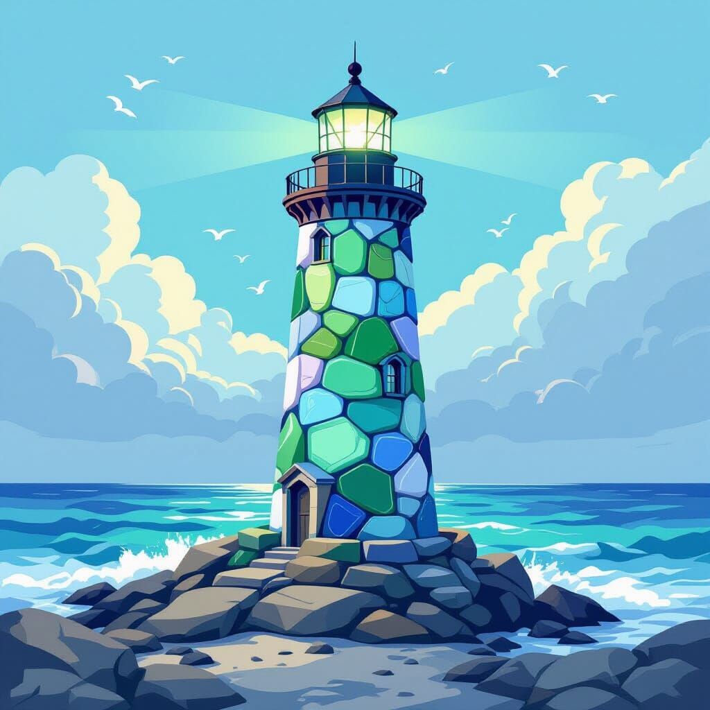Sea Glass Lighthouse Beacon on Rocky Shore