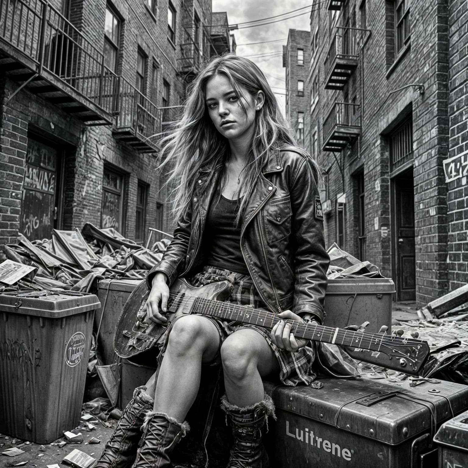 Grunge Girl With Guitar in Grungy Alley