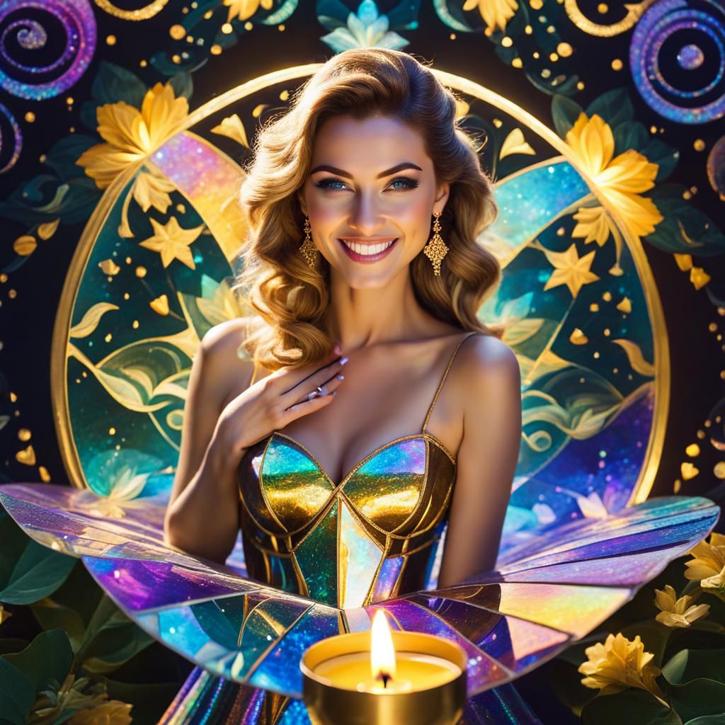 Smiling Girl with Iridescent Kaleidoscope Background