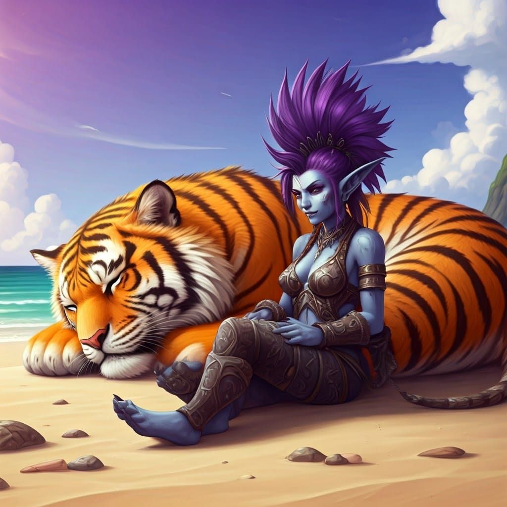 Troll Goddess Soothes Her Tiger Companion on a Tropical Beac...
