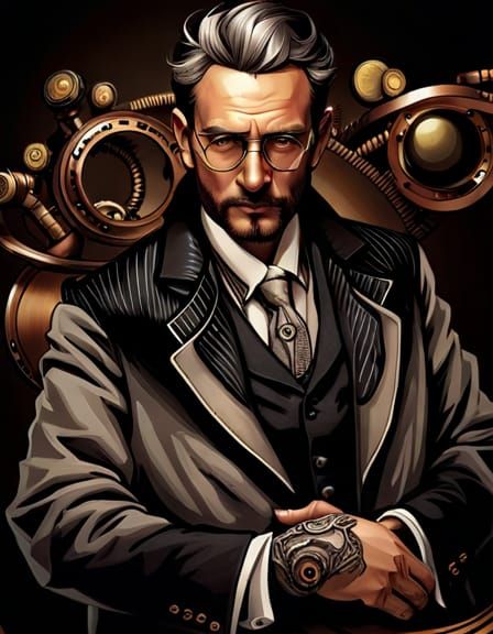 Steampunk Man Portrait in Ink Painting Style