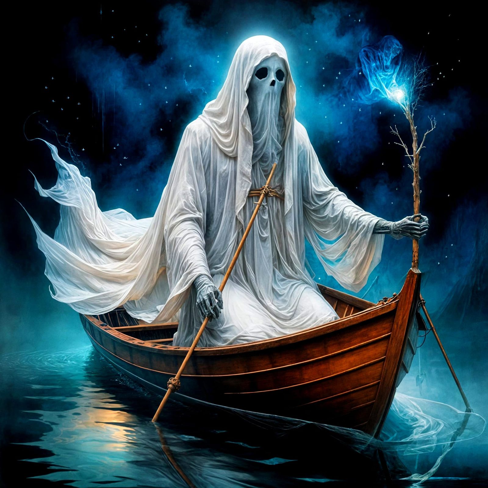 Ghostly Ferryman Crosses River Styx Under Dark Starry Sky