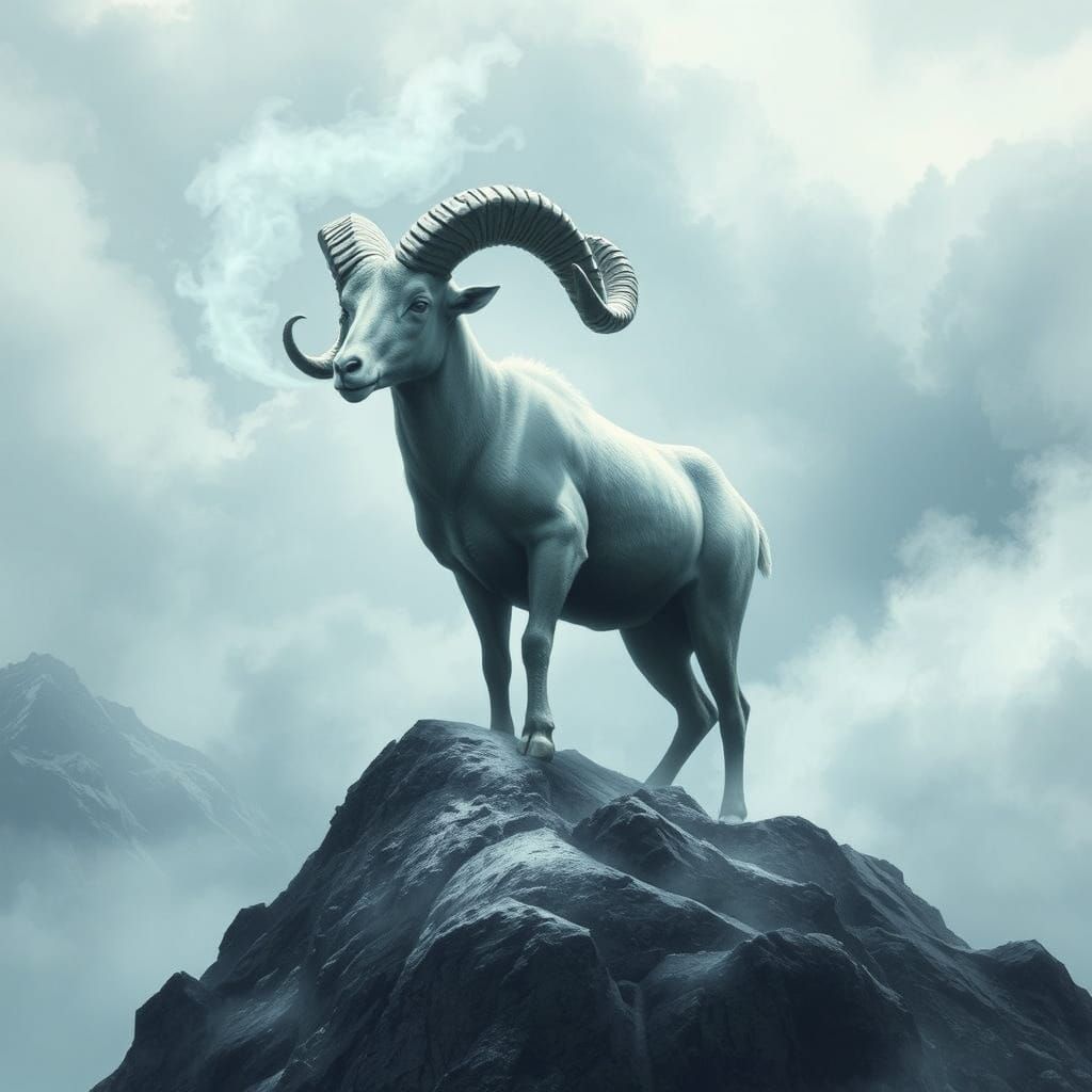 Majestic Mist-Horned Ram Conquers Snowy Mountain Peak