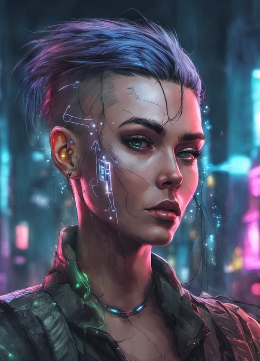 Cyberpunk Elf Portrait in Neon Cityscape