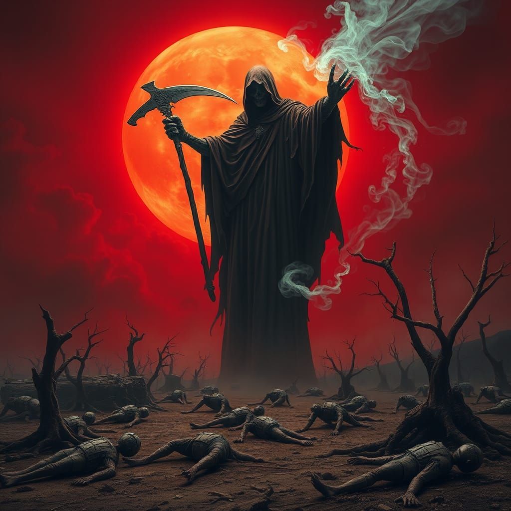 Grim Reaper Above Battlefield in Crimson Sky