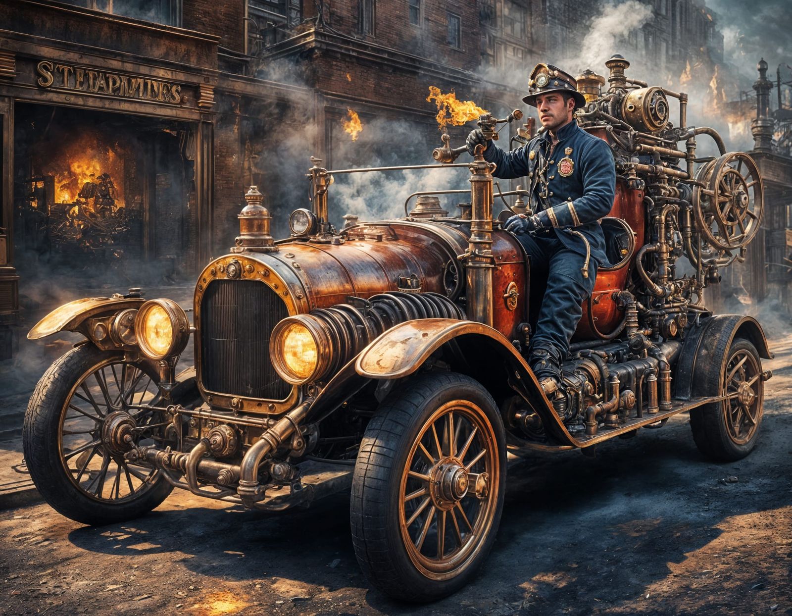 Steampunk Fireman at Car Fire: Hyperrealistic 3D Art