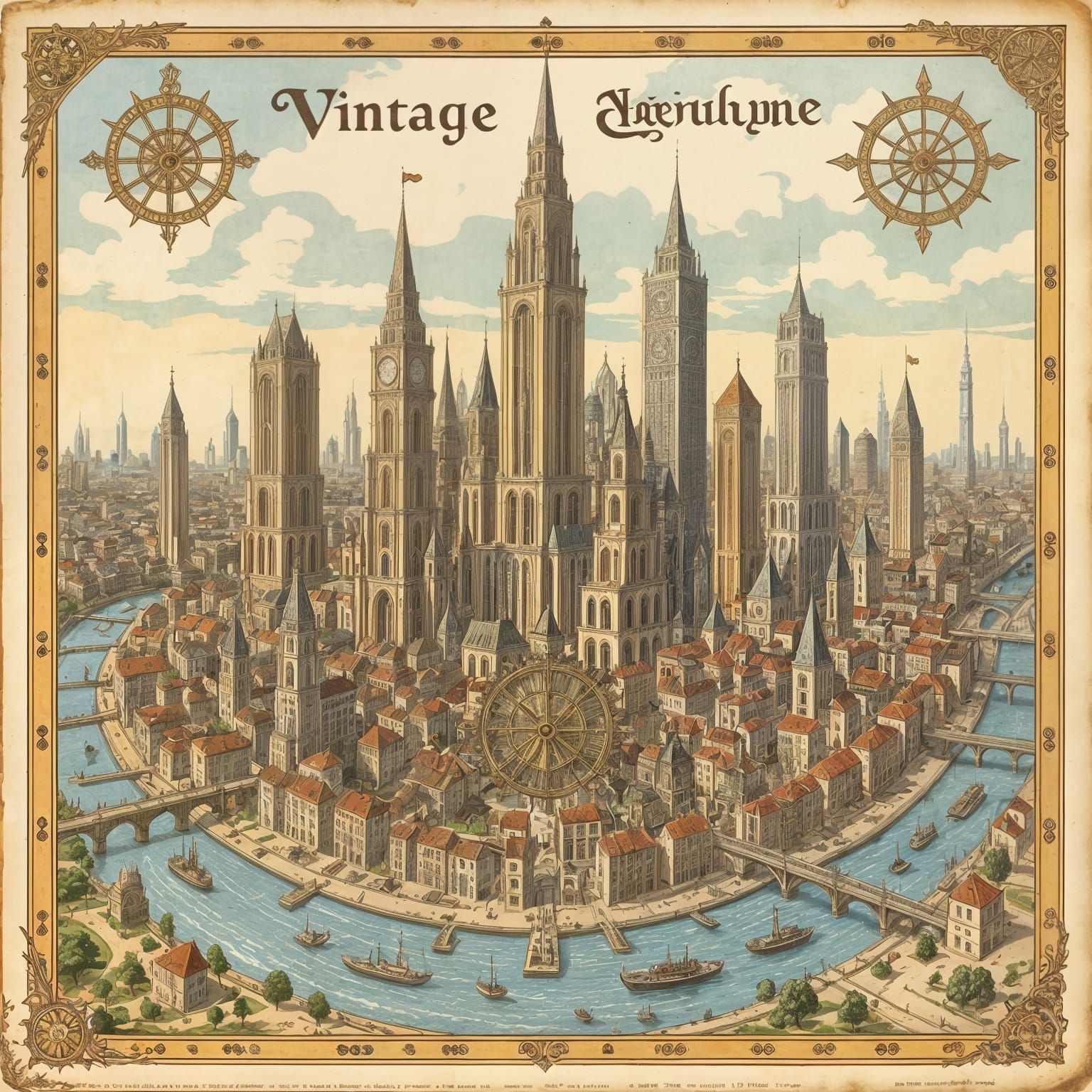 Steampunk Metropolis: A Vintage Map in Medieval Style