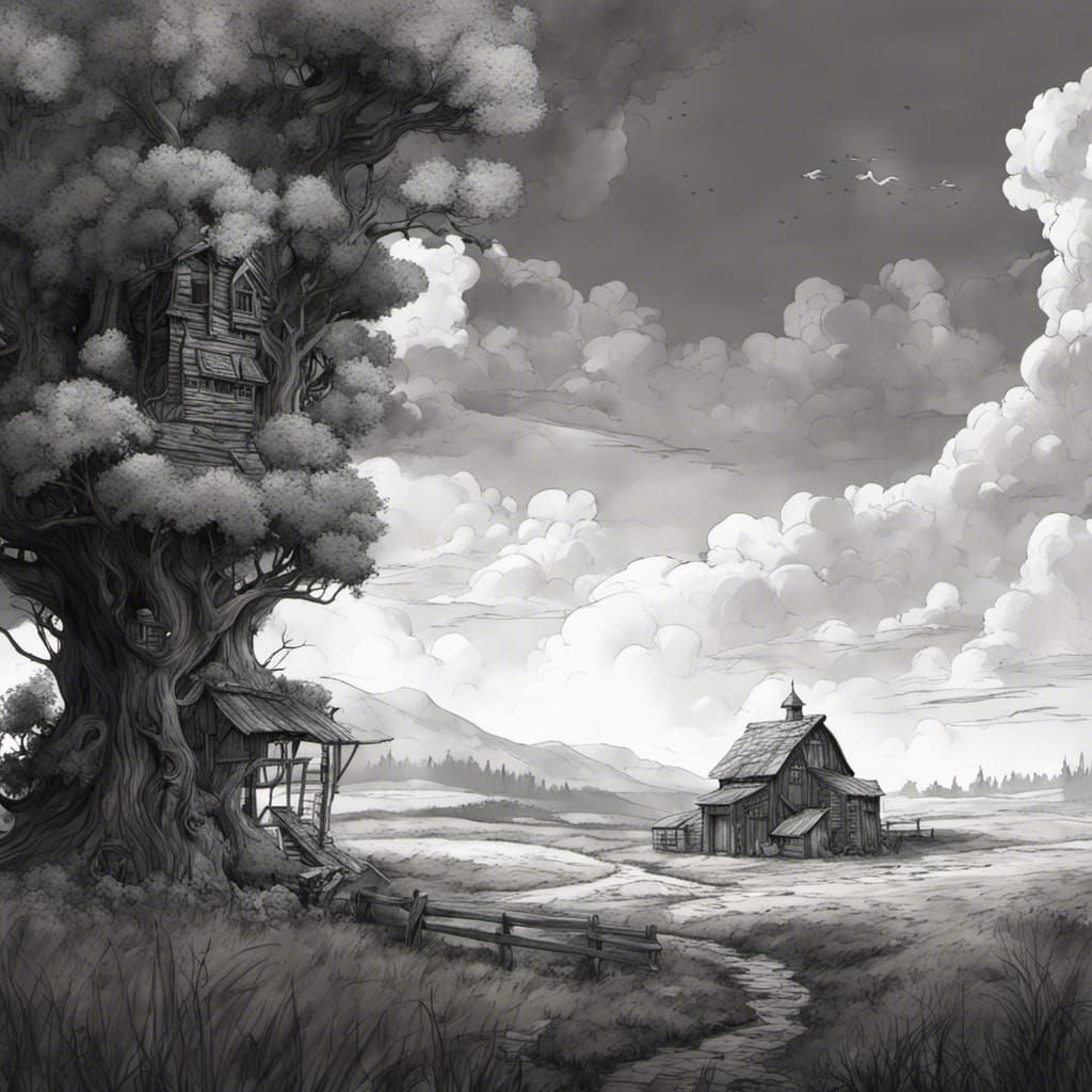 Detailed Farm: Black and White Ink Drawing