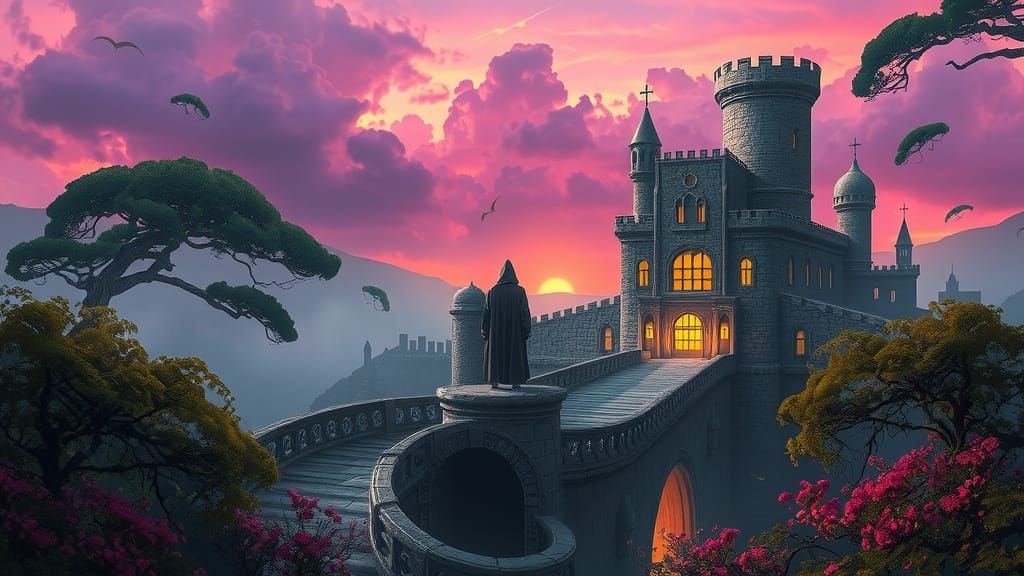 Dark Fantasy Medieval Stronghold in Whimsical Watercolor Sty...