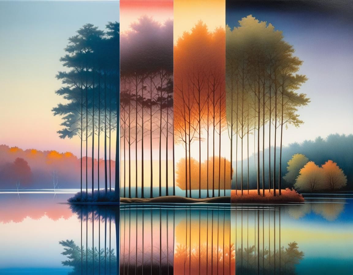 Lake Reflection in Four Seasons, Minimalist Watercolor Style