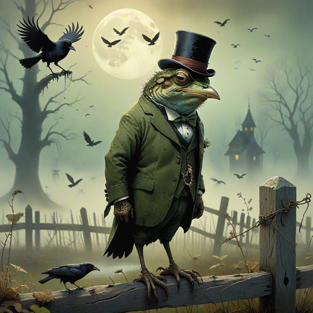 Wise Toad Triumphs Over Crow in Eerie, Moonlit Landscape