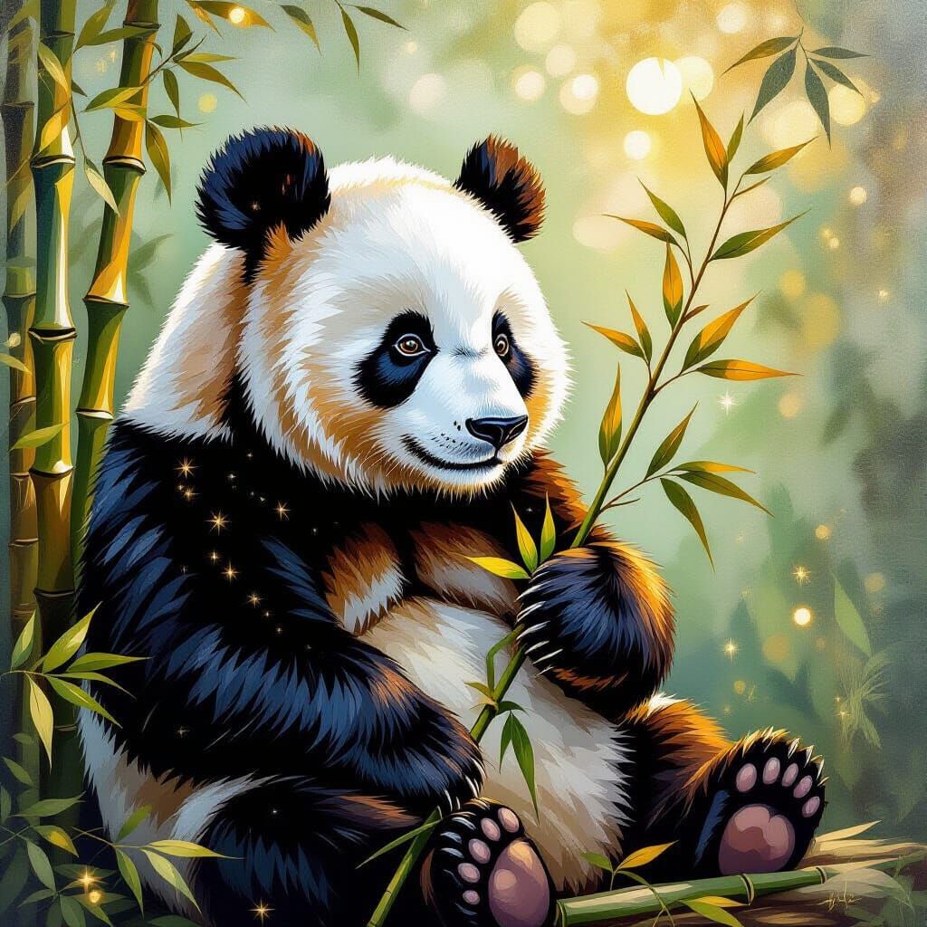 Realistic Panda with Golden Bamboo in Shimmering Light