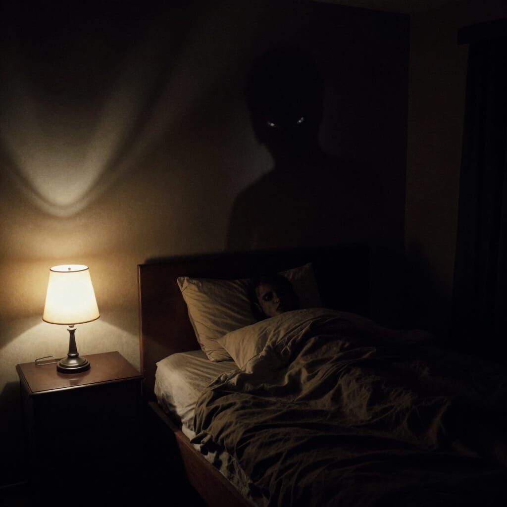 Horror Bedroom Scene with Looming Shadow and Glowing Eyes