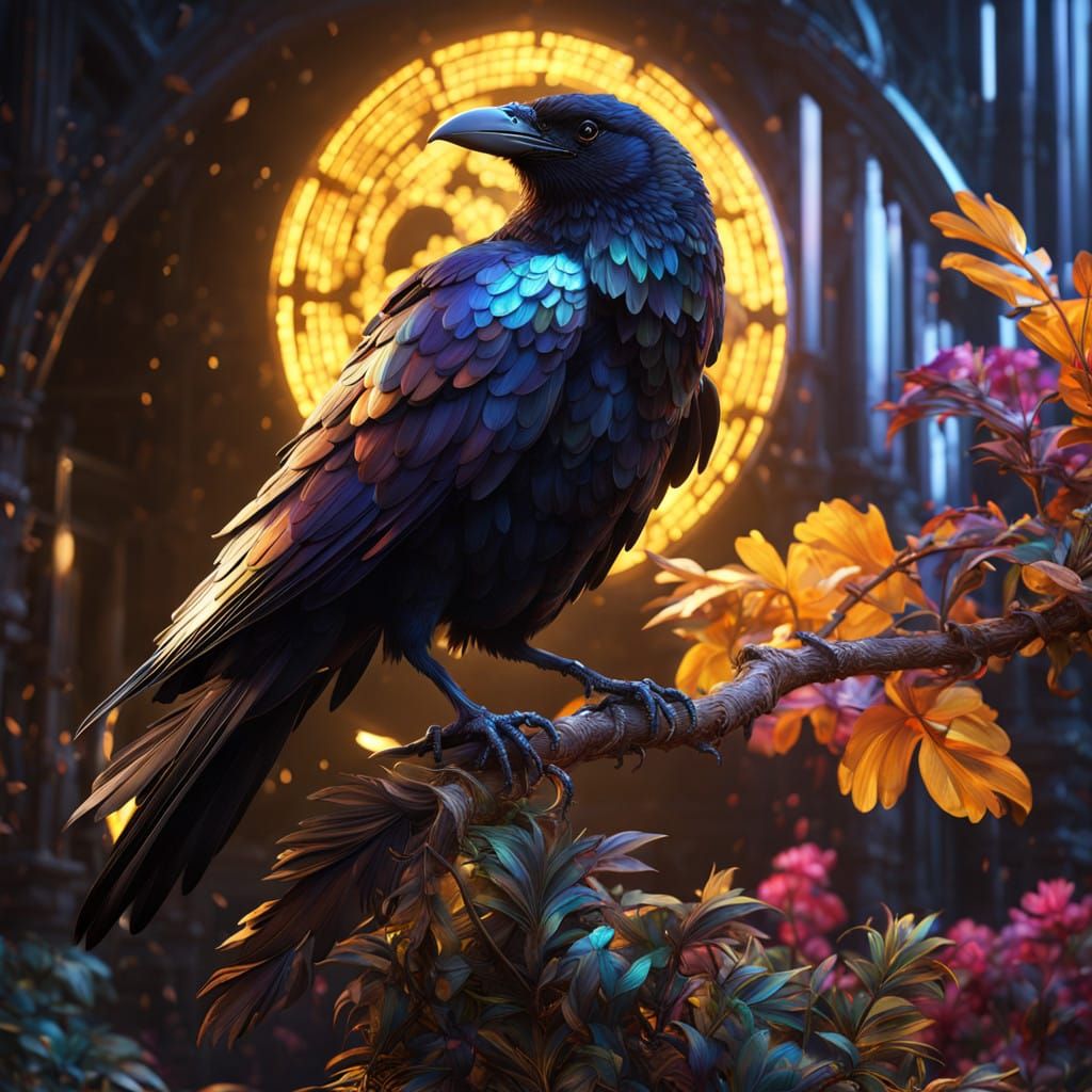 Iridescent Raven Concept Art with Metallic Highlights