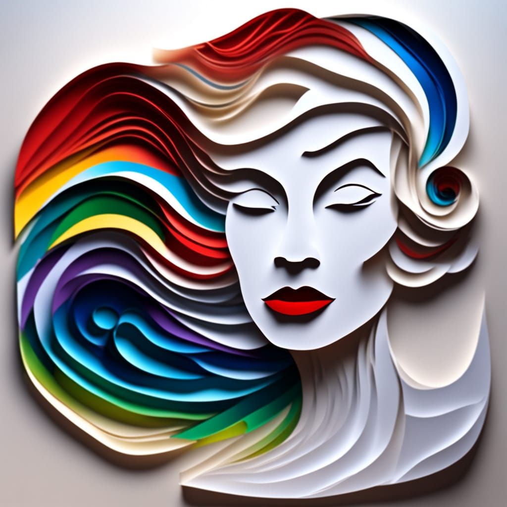 Embossed Woman with Rainbow Paper Strips and Winter Beach